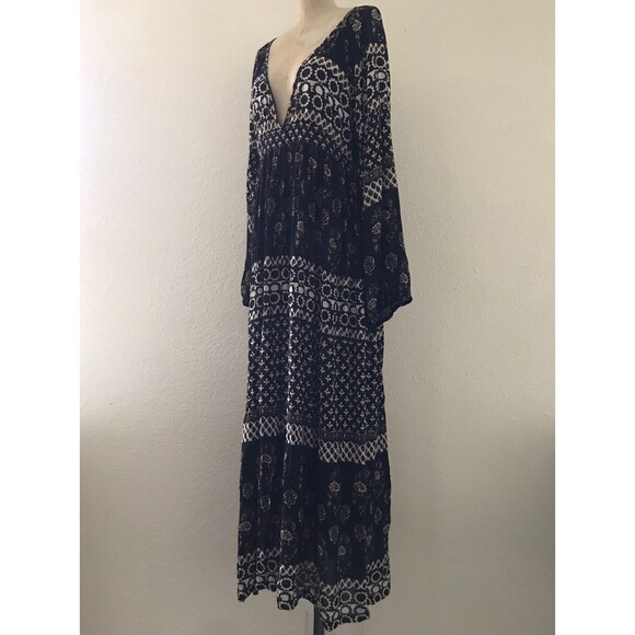 Raga Black Floral V Neck Long Sleeve Flowy Bohemian Casual Maxi Dress M - Picture 3 of 7